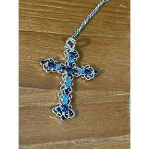 Fashion blue rhinestones silver plated cross pendant necklace 22”